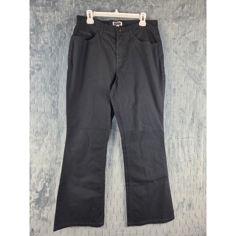 Denim & Co Black Embroidered Rhinestone Stretch Pants Petite 14P Mid Rise